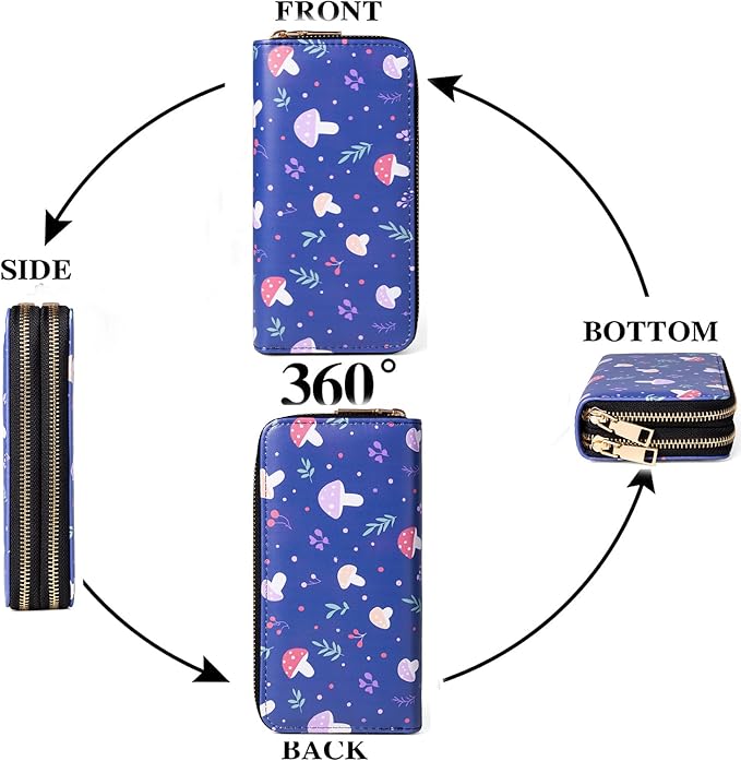 Mushroom Wallets for Women Large Capacity Double Zippes Ladies Purse Vintage Credit Card Holder (Dark Blue)
