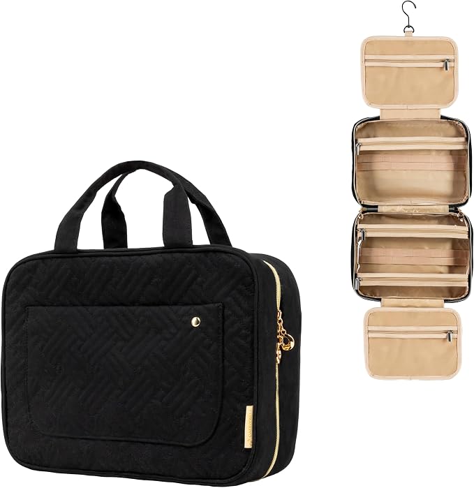 Carrywell Toiletry Bag Travel Bag with Hanging Hook, Makeup Organizer Case, Water-Resistant Cosmetic Bag For Full-size Containers, Toiletries, Black Medium, Not Made In China