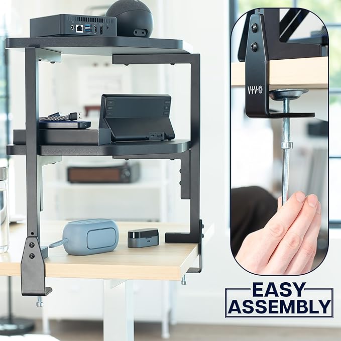 VIVO Corner Clamp-on 17 inch Above or Below Desk 2-Tier Shelving Unit for Table Accessories, Gaming Devices, and More, Storage Desk Attachment Organizer, Black, STAND-SHELF2CR