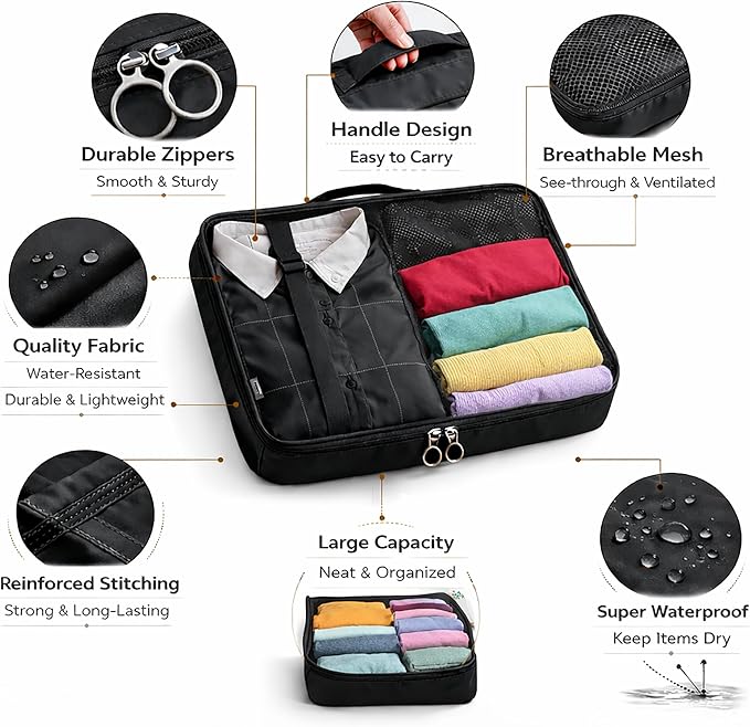 7 Set Packing Cubes For Travel | Luggage Organizer Bags With Shoe, Laundry Bag, Accessory Pouch And Lingerie Bag | Durable And Space Saving Suitcase Organizer For Travel Essentials | Black