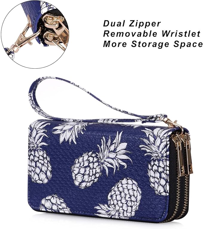 Cellphone Wallet for Women Dual Zipper Long Purse with Removable Wristlet