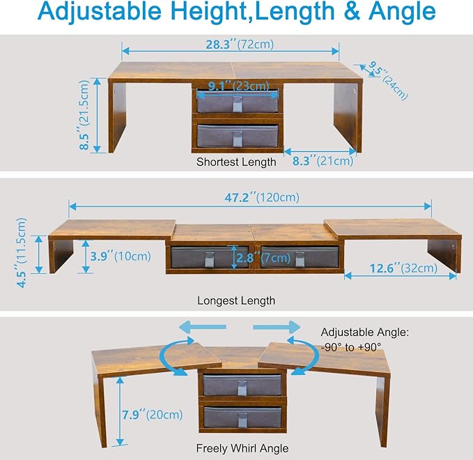 TEAMIX 2 Pack and 2 Drawers Rustic Brown Wood Monitor Stand Riser for 2 Monitors/Laptop/PC, Wood Screen/TV Stand Desk Organizer.