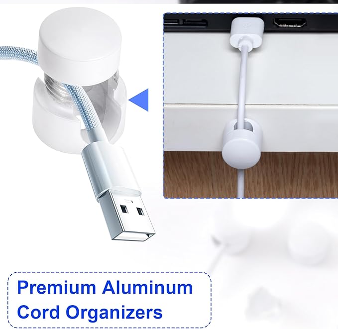 3 Sets Charger Holders for Cords, White Adjustable Cable Anchor Holders, Adhesive Metal Cord Clips, Cable Management Wire Organizers for Desk, Office, Nightstand