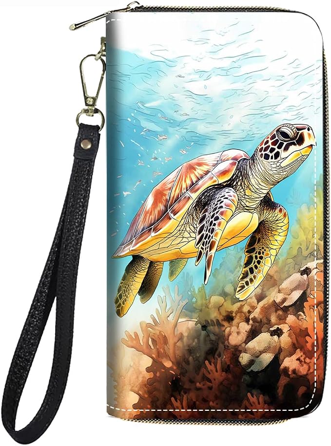 Women's Large Capacity Wallet PU Leather Zip Around Clutch Purse Multifunctional Wallet with Removable Wristlet Strap for Smart Phone/Coin/Card/Cash - Sea Turtle