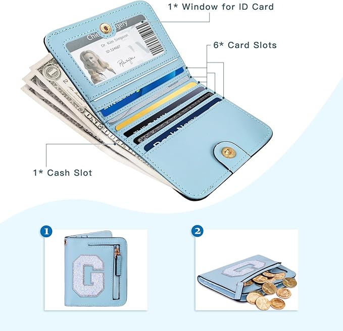 COSHAYSOO Small Wallet for Women Teenager Girl Personalized Initial Gift Preppy Letter Monogrammed Patch Mini Purse Waterproof for Travel Credit ID Cards Cash Holder Novelty Organizer Blue G