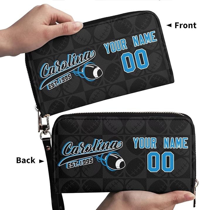 Custom Sports Team Zip Organizer Wallet-Personalized PU Leather Wallet with Name Number,Multi-Card Slots,Wrist Strap,Fan Gift for Men Women.