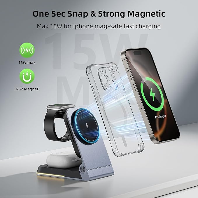 Aluminum 3 in 1 Wireless Charging Station,Foldable Wireless Charger for Apple Magsafe with Light,Portable Travel Magnetic Charger Stand for iPhone 17/16/15/14,Watch,Airpod,with PD 20W Adapter & Case