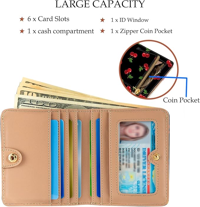 AIRMORS Small Wallet Women Cute Credit Card Holder Billfold Slim Card Holder Wallets for Travel Girls Thin Bifold Pocket Mini Coin Purse with ID Window (Pink Strawberries)