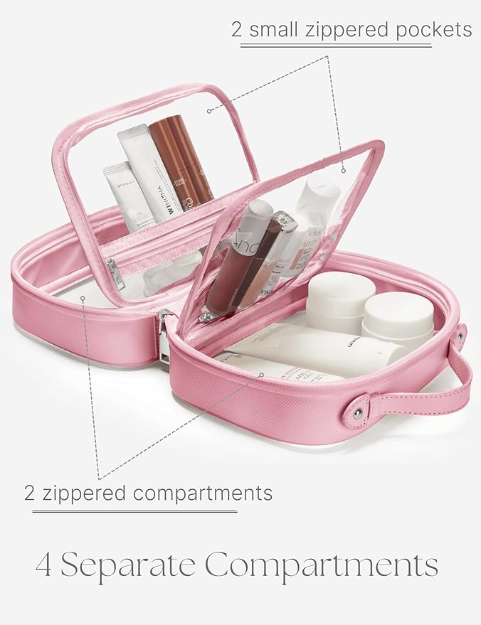 Clear Cosmetic Bag Double Layer Travel Toiletry Bag Clear Makeup Bag Case with 4 Compartments, Transparent Travel Bag for Toiletries, Large Toiletry Bag for Women Cosmetic Case (Pink, Small)