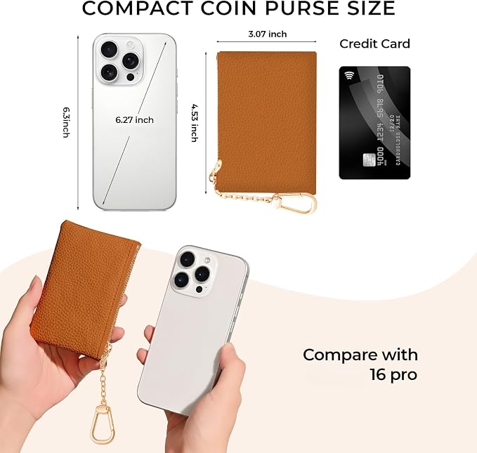 Brown Keychain Coin Purse for Women, Small PU Leather Change Pouch, Zipper Little Tiny Travel Wallet for Girls, Cute Kawaii Zip Pocket Coin Holder with Key Ring