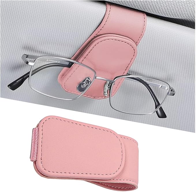 Sunglasses Holder for Car Visor, Microfiber Leather Magnetic Sun Visor Eyeglasses Hanger & Ticket Card Clip, Multi-Function Automotive Interior Glasses Mount, Universal Fit (Pink)