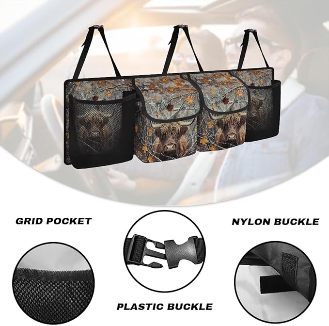 Branch Cattle Design Car Trunk Organizer,Backseat Hanging Organizer with 4 Large Storage Pockets,Trunk Bag for Car,SUV,Truck,Van Kids Travel Not Easy to Fade