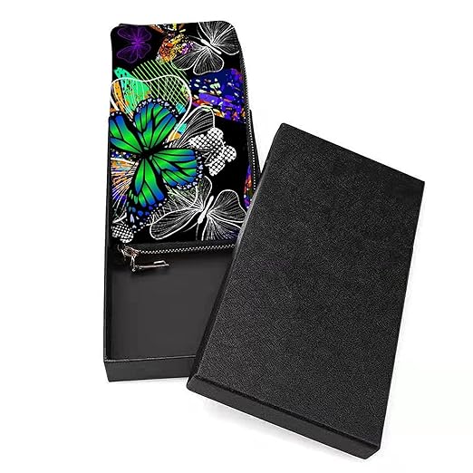Unisex Zip Around Wallet for Adults Teens Abstract Ink Stains with Butterflies Coin Pouch Cash Pocket PU Leather Wallets Card Holder Organizer Designer Purse with Wristlet Strap