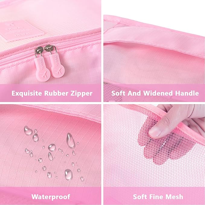 6 Set Packing Cubes for Travel Luggage Packing Bags Reusable Waterproof Suitcase Organizer Bags Set with Shoe Bag and Toiletry Bag (Pink)