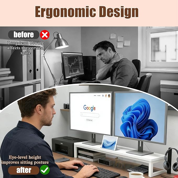 Dual Monitor Stand Riser, 38.7'' Long Wood and Steel Monitor Stand for 2 Monitors, Ergonomic Desktop Organizer with Tablet Stand for Computer,Laptop,TV (White)