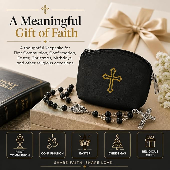 Blue Rosary Pouch with Zipper & Gold St. Thomas Cross Imprint | Compact Leatherette Rosary Case for Small to Medium Rosaries | Protective Travel Rosary Holder for Men & Women