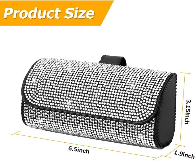 Osilly Bling Car Sunglass Holder for Sun Visor, Sparkling Crystal Leather Automotive Eyeglasses Mount Clip Organizer with Hidden Magnetic Closure for Men Women, Universal for SUV Truck Van（White）