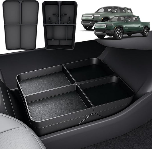 TWRAPS Floor Console Organizer for Rivian R1S & R1T 2021-2026, Lower Center Console Storage Tray Box Caddy with Premium Leather Liner Inserts, R1 Interior Accessory for Rivian