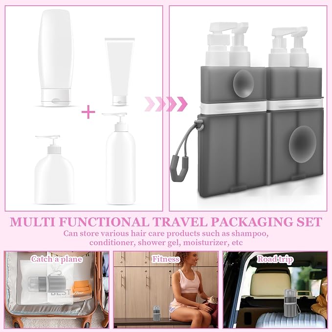 4 in 1 Travel Toiletry Containers, Leak Proof TSA Approved Travel Size Bottles Set with Suction Cup Wall Mount, Refillable Dispenser for Shampoo, Lotion, Soap, Gym & Essentials (Grey)