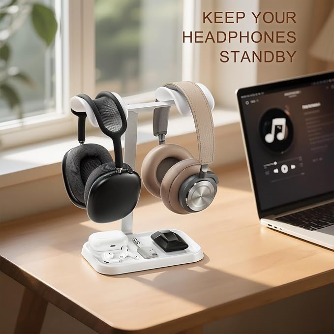 Dual Headphone Stand, Double Balanced Headset Stand with Storage Tray, Heavy Base Gaming Headset Holder for Desk (White)