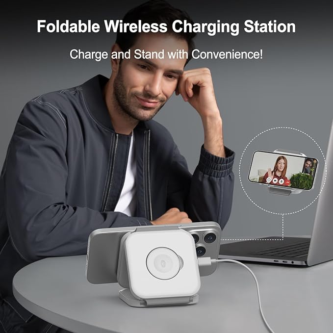 3 in 1 Wireless Charging Station,Foldable Magnetic Wireless Charger for Apple Devices,Travel Charging Pad for iPhone 17 16 15 14 13, Watch & AirPods,Fast Charging Station for Home Office Travel(White)
