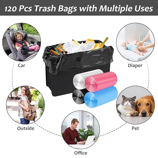 Accmor Mini Car Trash Can Bags for Auto Trash Bin, 120 Count Small Garbage Bags Organizer Tear-Resistant, Liner Refills (Vehicle Trash Can is not Included) - 4 Color Black, White, Pink, Blue