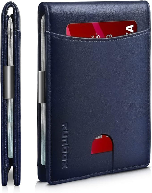RUNBOX Slim Money Clip Wallets for Men RFID Blocking 11 Card Holder Minimalist Small Leather Bifold Men's Front Pocket Wallet Gift Box