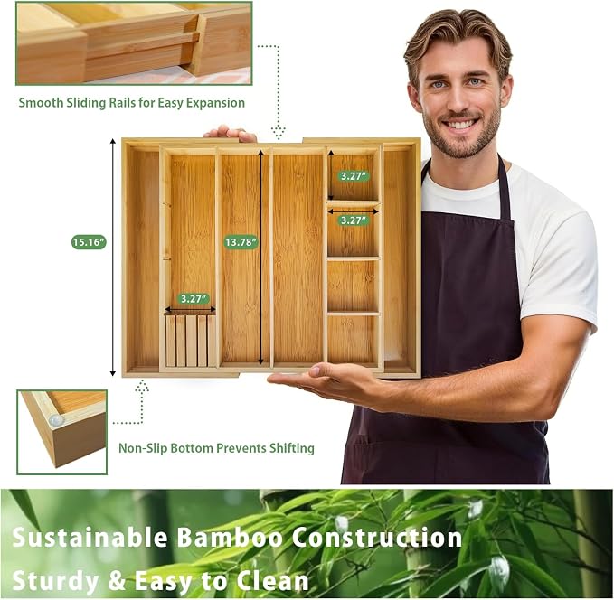 Bamboo Expandable Drawer Organizer with Removable Dividers, 15"-22" Adjustable Tray for Kitchen Utensils, Makeup & Office Storage