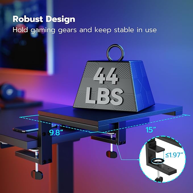 ARES WING Clamp-On Desk Extender & Monitor Shelf – 15" x 9.8" Space Booster, Freestanding or Clamp Mount, Holds 44 lbs, No Drill Desktop Organizer for Office/Gaming, Black