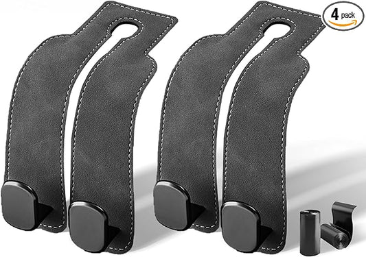 vidonio 2 Pack Double Car Seat Hooks for Headrest, Rotatable Purse Holder for Car, Premium Leather Car Hooks for Purses and Bags, Headrest Hooks and Storage Accessories (Grey)