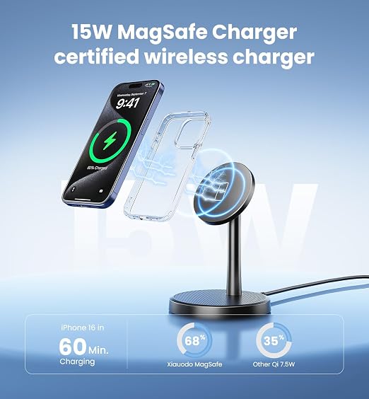 Magnetic Wireless Charger iPhone, 15W Fast Mag-Safe Charger Stand for iPhone 17/17 Air/17 Pro/17 Pro Max 16/15/14/13/12 Series, Wireless Charging Station for Pad/AirPods