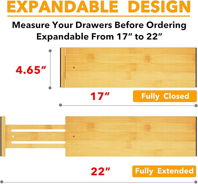 SpaceAid Bamboo 4 Pack Dresser Drawer Dividers, 4.65??High Adjustable 17??22??Drawer Organizers, Expandable Organization for Clothing, Clothes, Dressers, Natural