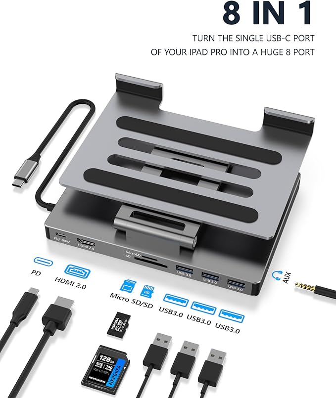 iPad Pro USB C Hub Stand, Multiport Adapter for iPad Pro M4 M3 M2 M1 13 12.9 11 Inch iPad Air Docking Station Foldable 4K 60Hz HDMI, PD Charging, SD/TF Card Reader, 3 USB 3.0, 3.5mm Audio