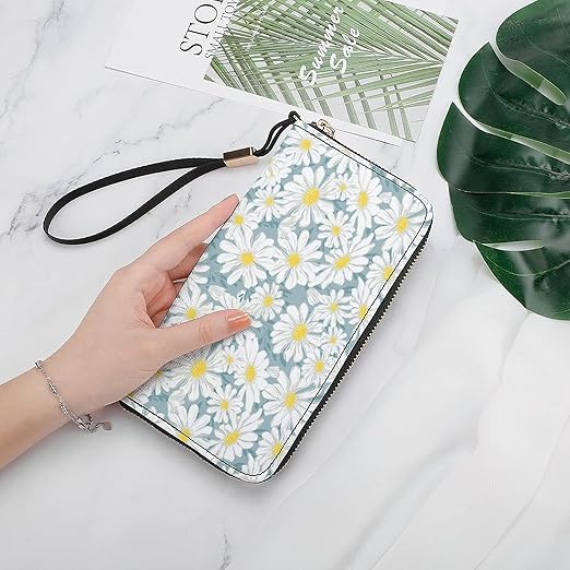 Unisex Zip Around Wallet for Adults Teens Blooming Chamomile White Coin Pouch Cash Pocket PU Leather Wallets Card Holder Organizer Designer Purse with Wristlet Strap