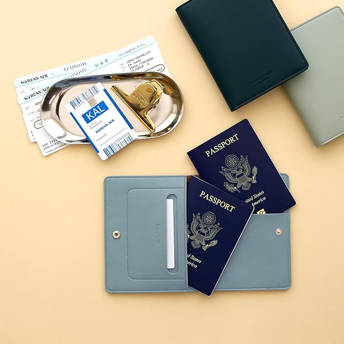carrotez Family Travel Document Organizer – Premium RFID Blocking Leather Passport Holder & Wallet for 2 Passports, Cards, Boarding Passes & Travel Essentials – Fog Blue
