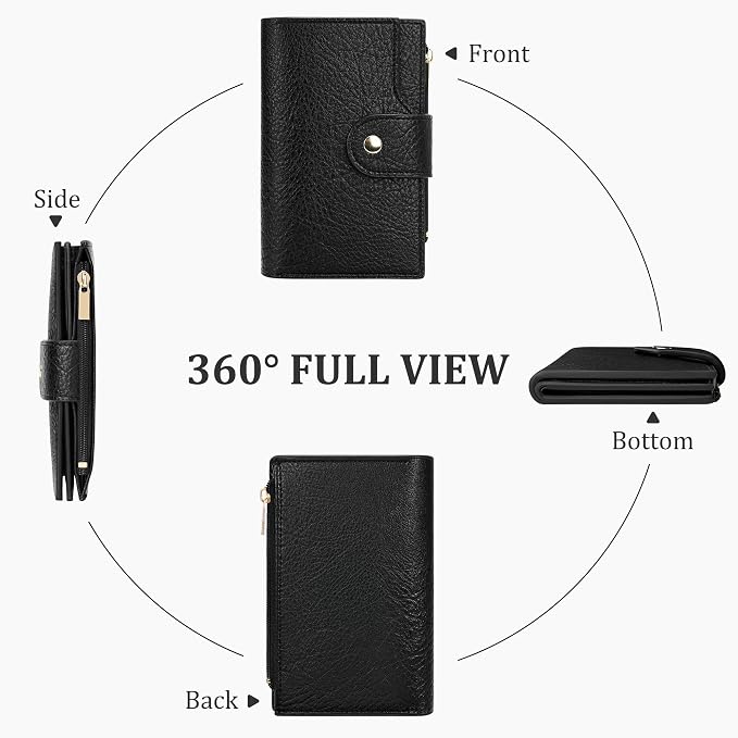 Airkit Small Women's Bifold Wallet, RFID Blocking Credit Card Holder with Zipper, Travel Cute Coin Pocket Wallet for Ladies, Black