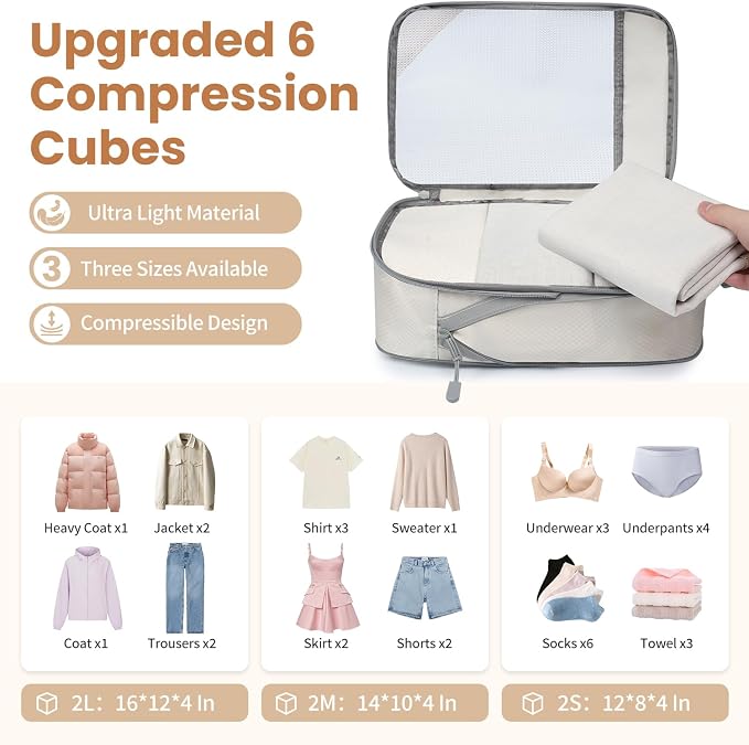 Compression Packing Cubes for Travel, Lightweight Vacation Travel Essentials, Travel Accessories for Suitcase Organizer Bags Set, Durable Luggage Organizer