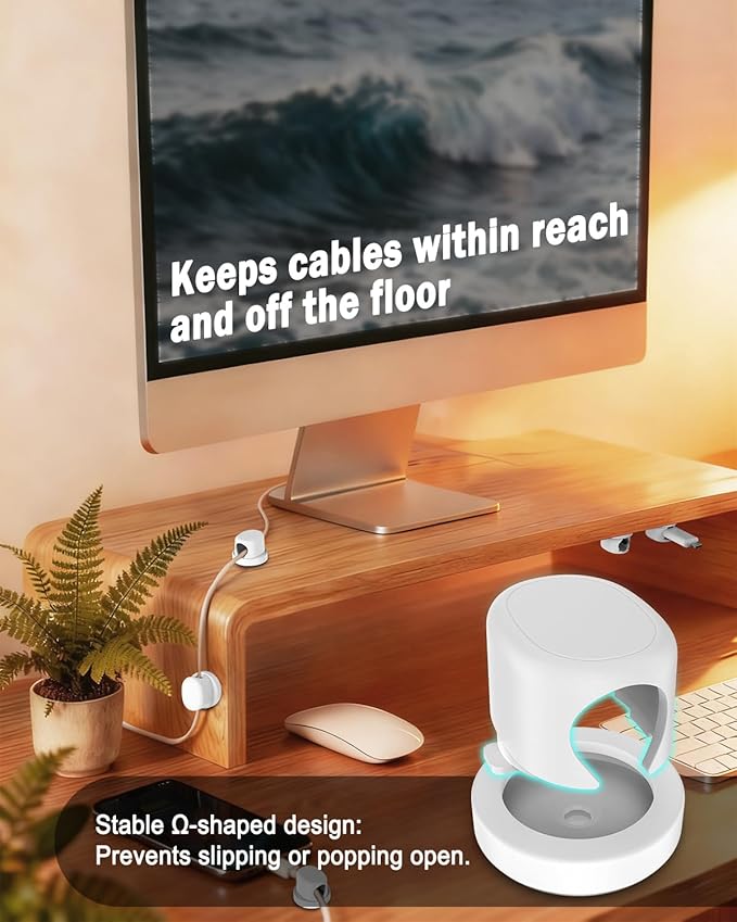 Rotatable Cord Holder, Snap-Lock Cable Clips, 8 Pack Adhesive Cord Organizer, Phone Charger Wire Organizer Keeper for Nightstand Car Kitchen Office Accessory,White