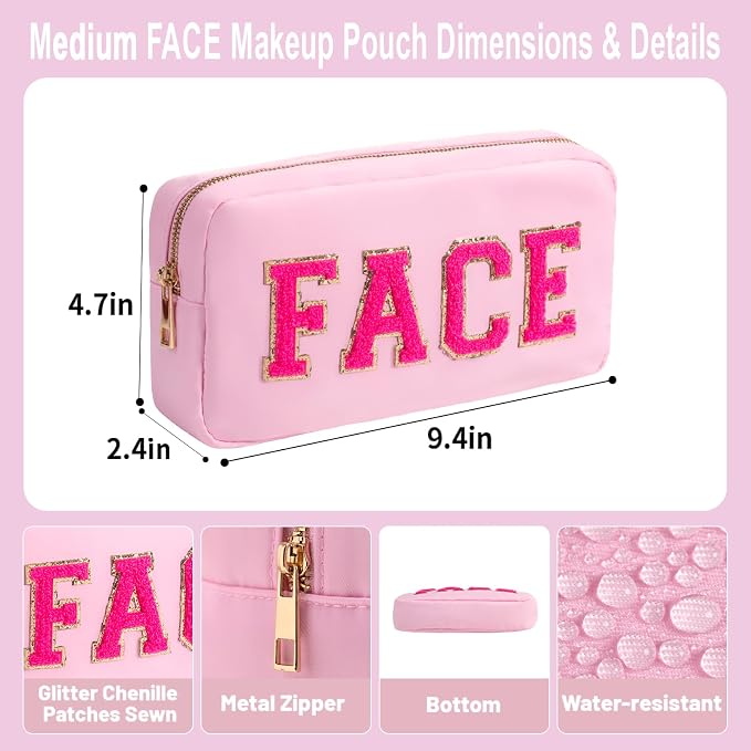 Purse Makeup Bag with Glitter Chenille Mini Brush Bag Travel Size Toiletry Bag for Women Small Cosmetic Pouch for Travelling Women (M,Pink-Face)