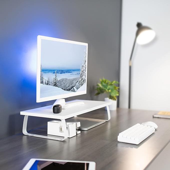 VIVO 24 inch Monitor Stand, Wood & Steel Desktop Riser, Screen, Keyboard, Laptop, Small TV Ergonomic Desk and Tabletop Organizer, White, STAND-V000D-W