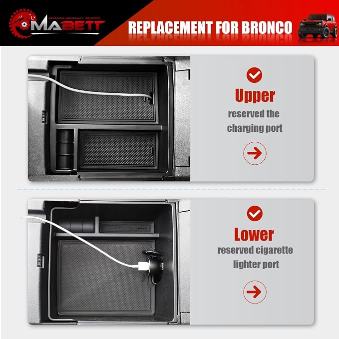 Mabett Console Organizer Tray for Bronco Accessories, Armrest Storage Box fit Bronco 2021-2024 2/4-Door (Not Fits 2025 2026) with Non-Slip Mat Black