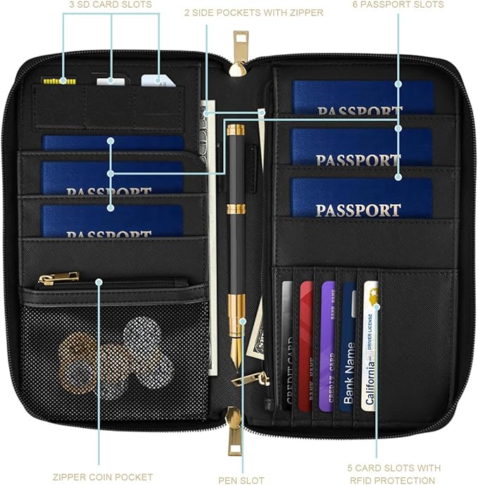 Family Passport Holder Wallet RFID Blocking Document Organizer PU Leather Mulit-purpose Travel Wallet Credit Cards Case for Women Men,Sunflowers