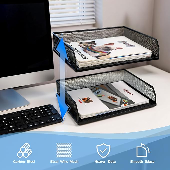 Paper Tray Desk Organizer, 2 Pack Stackable Letter File Tray, Wire Mesh Desktop Organizer, Front-Load Metal A4 Paper Sorter Documents Storage Holder Tray for Office Supplies Home School Classroom