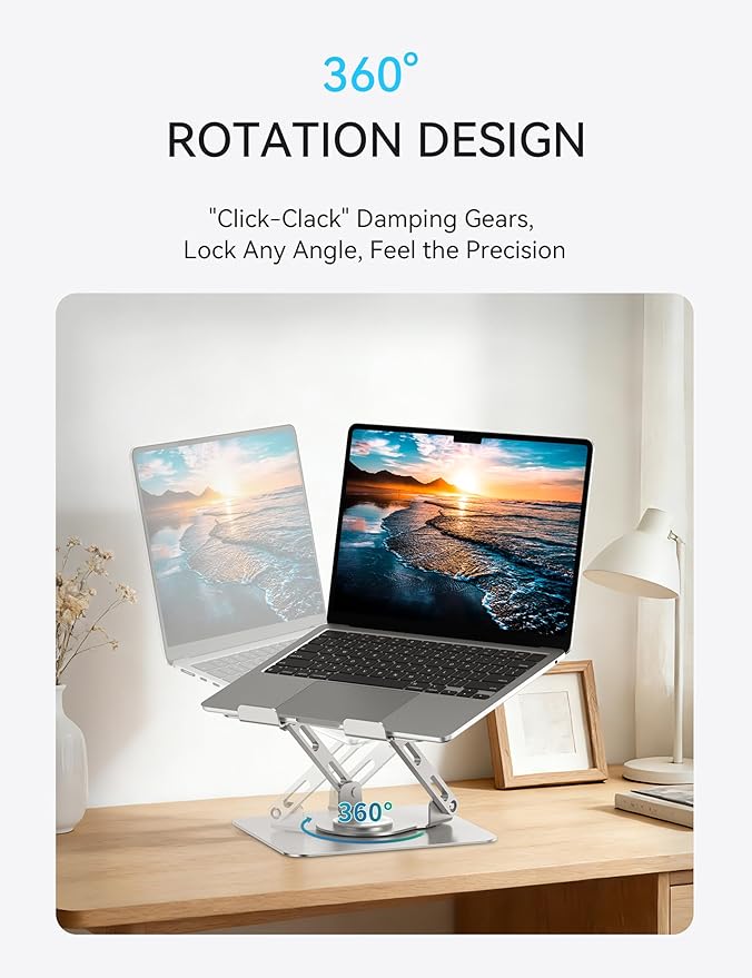 SOUNDANCE 360 Rotating Laptop Stand, Ergonomic Computer Riser for Desk, Adjustable Height Multi-Angle Metal Holder, Foldable Portable Notebook Elevating Base for Office & Home, Silver Grey