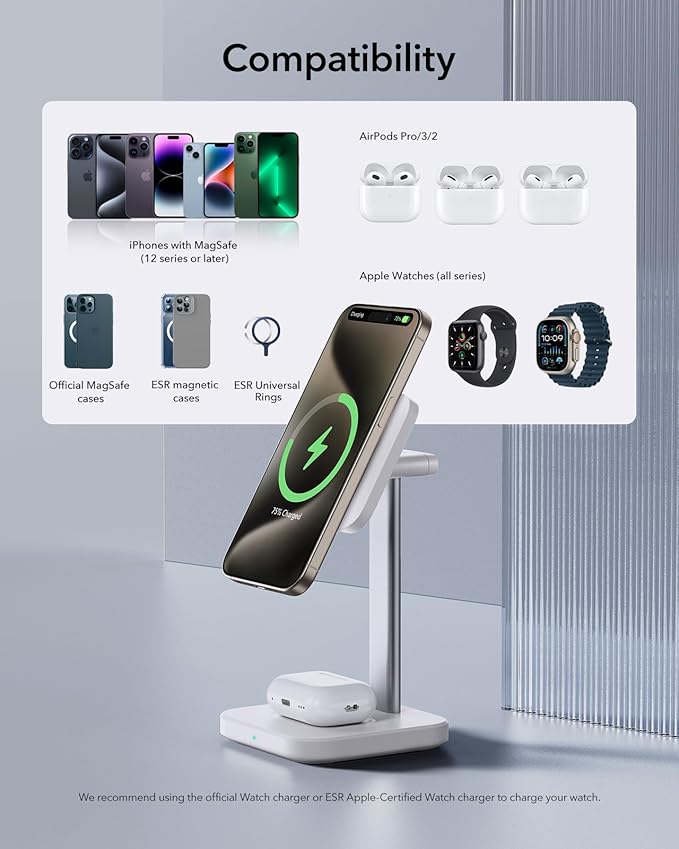 ESR 2 in 1 Charging Station for Apple, MagSafe Charger Stand for iPhone [Certified], Magsafe Charging Station for Multiple Devices iPhone 16/15/14/13/12, Apple Watch, & AirPods, White