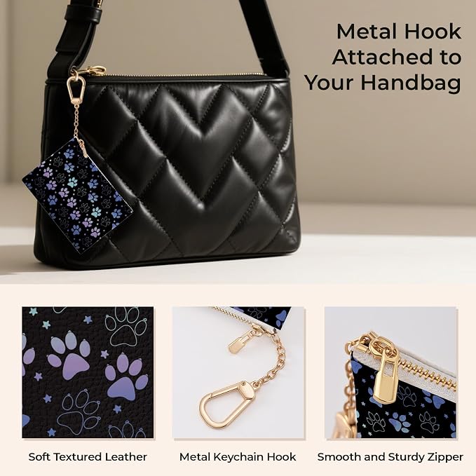 Dog Paw Cute Keychain Coin Purse for Women, Small PU Leather Change Pouch, Zipper Little Travel Credit Card Wallet for Girls, Tiny Zip Pocket Coin Holder with Key Ring for Ladies Gifts