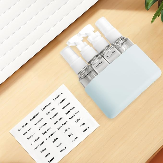 Skycase Travel Bottles - Leak Proof Refillable Tsa Approved Travel Size Toiletries, 4 in 1 Liquid Bottles Containers with Labels and Funnel Airplane Accessories Kits for Lotion Liquid (Blue)