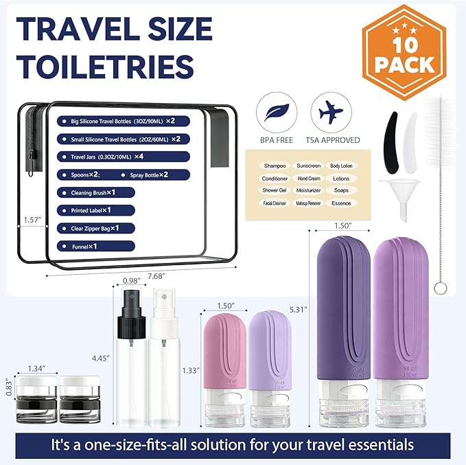 Travel Bottles for Toiletries 10 Pack, TSA Approved Travel Size Toiletries Essentials Containers Set, Leak Proof Silicone Bottles Kit, Refillable Liquid & Creams Accessories (PURPLE)