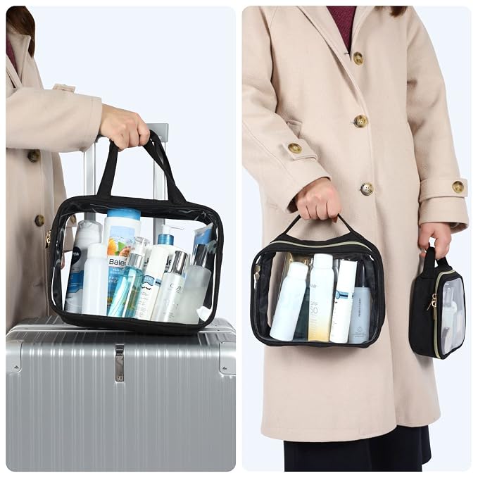 PACKISM Clear Makeup Bag Combo Pack, 1 TSA Approved Medium & Large/XL for Checked Luggage, Clear Toiletry Bag with Handle, Water-resistant Travel Essentials Organizer, Black