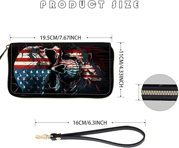 Women's RFID Blocking Zip Around Wallet with Detachable Wrist Strap, Large Capacity Credit Card Holder Organizer for Everyday Use,Skull American Flag